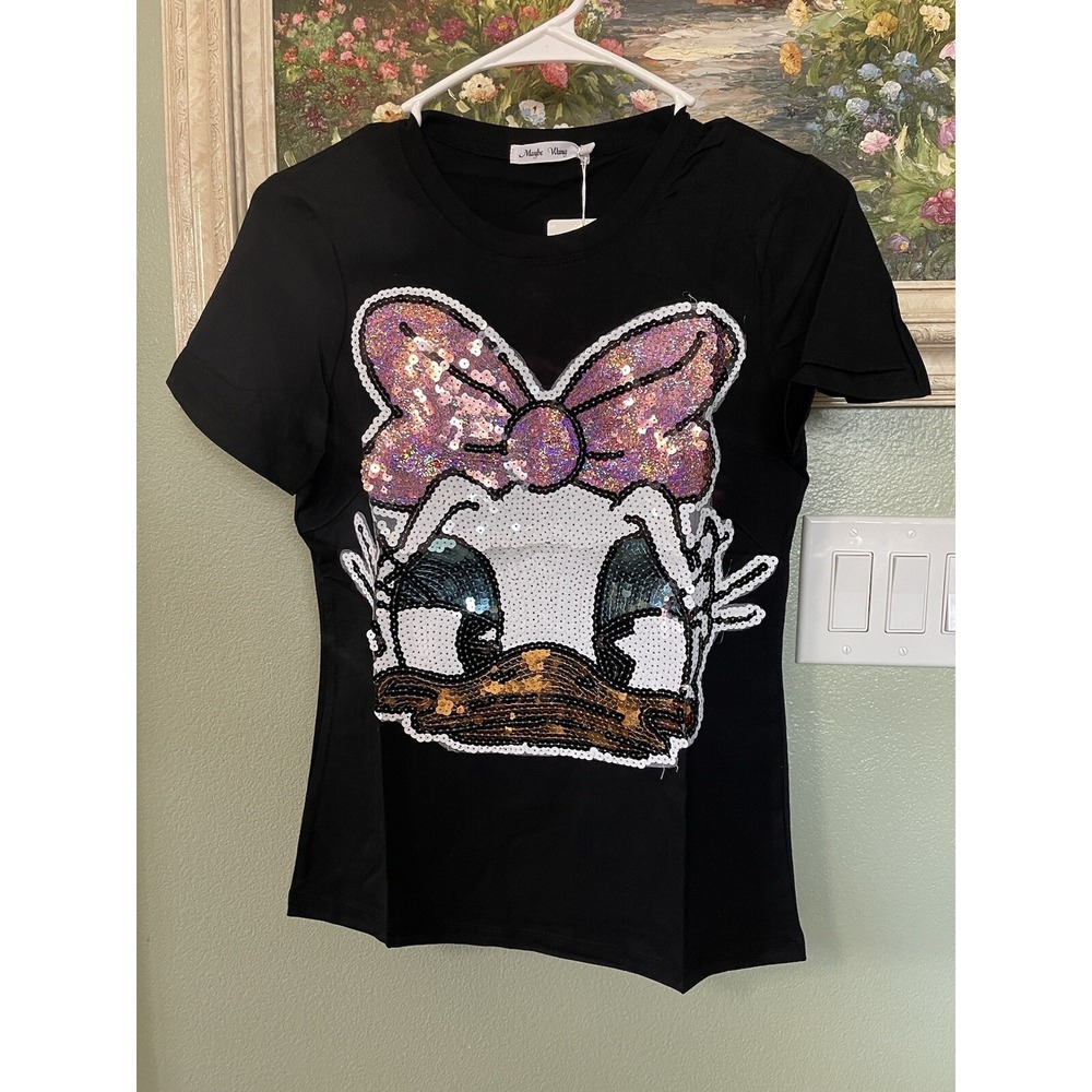 Daisy Juniors Women Black  Sequin T-Shirt Size M  ~ New